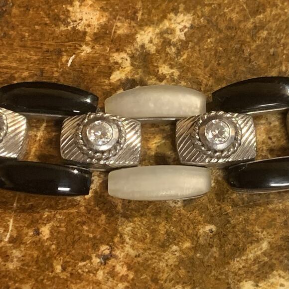 Judith Ripka Bracelet Sterling Silver, Black Onyx, MOP, and CZ Hinged 7.75 Inch - Picture 10 of 11